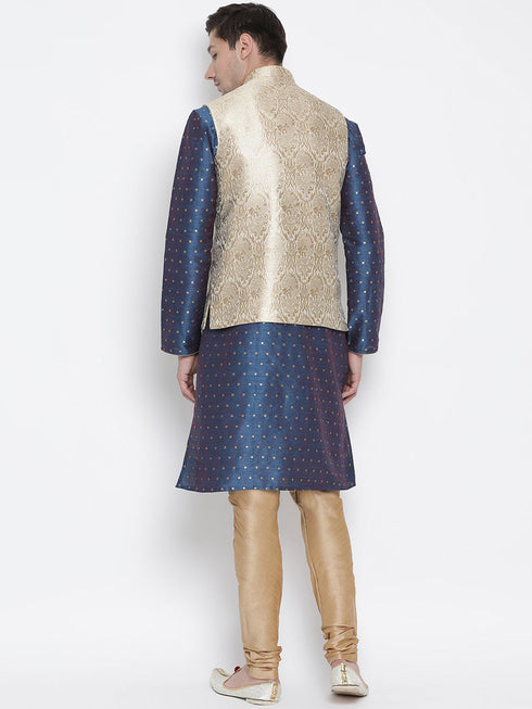 Vastramay Silk Blend Rose Gold and Blue Baap Beta Jacket Kurta Pyjama set